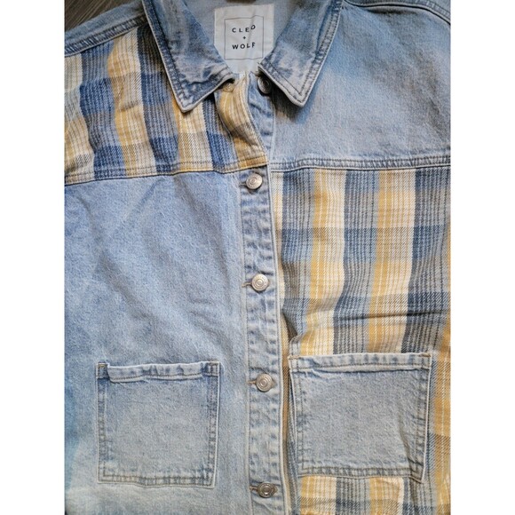 Cleo + Wolf Size L Blue Plaid Mix Denim Button Jacket Open Edge Hem - Picture 4 of 4
